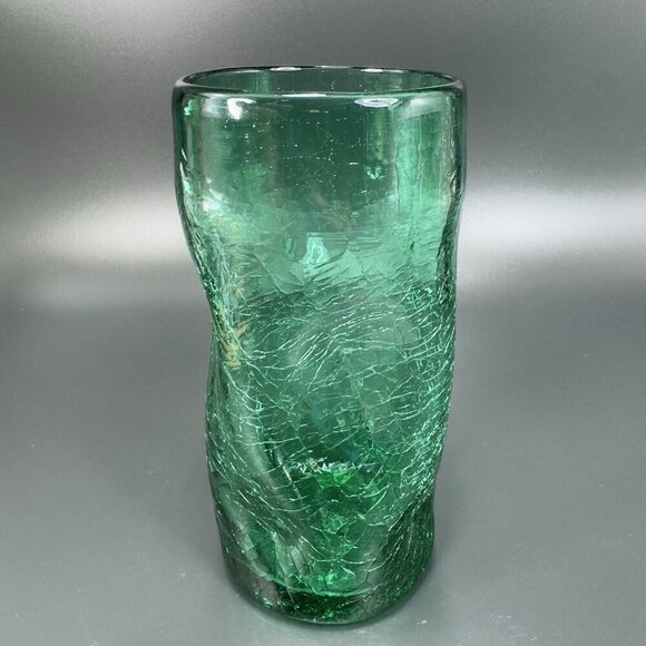 Crackle Green Glass Tumbler Pinched Dimpled Tumblers Cups Glasses Vintage Set 2 - Picture 10 of 12
